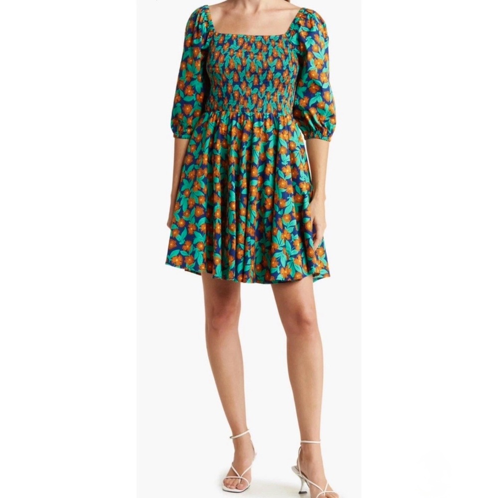 Melloday Smocked Contrast Floral Paneled Dress Small W/ Pockets Nordstrom NWOT